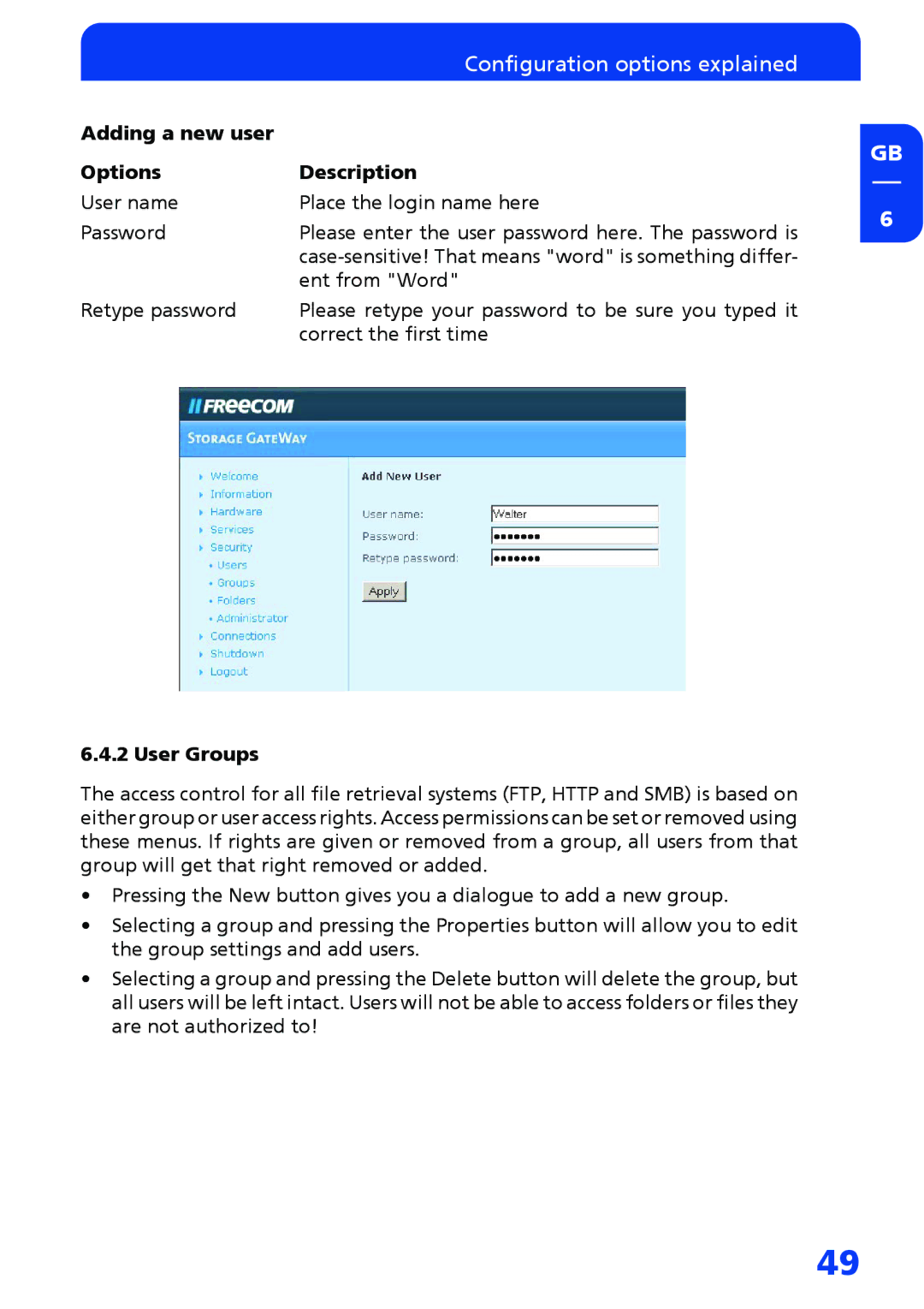 Freecom Technologies FSG-3 manual Adding a new user Options Description, User Groups 