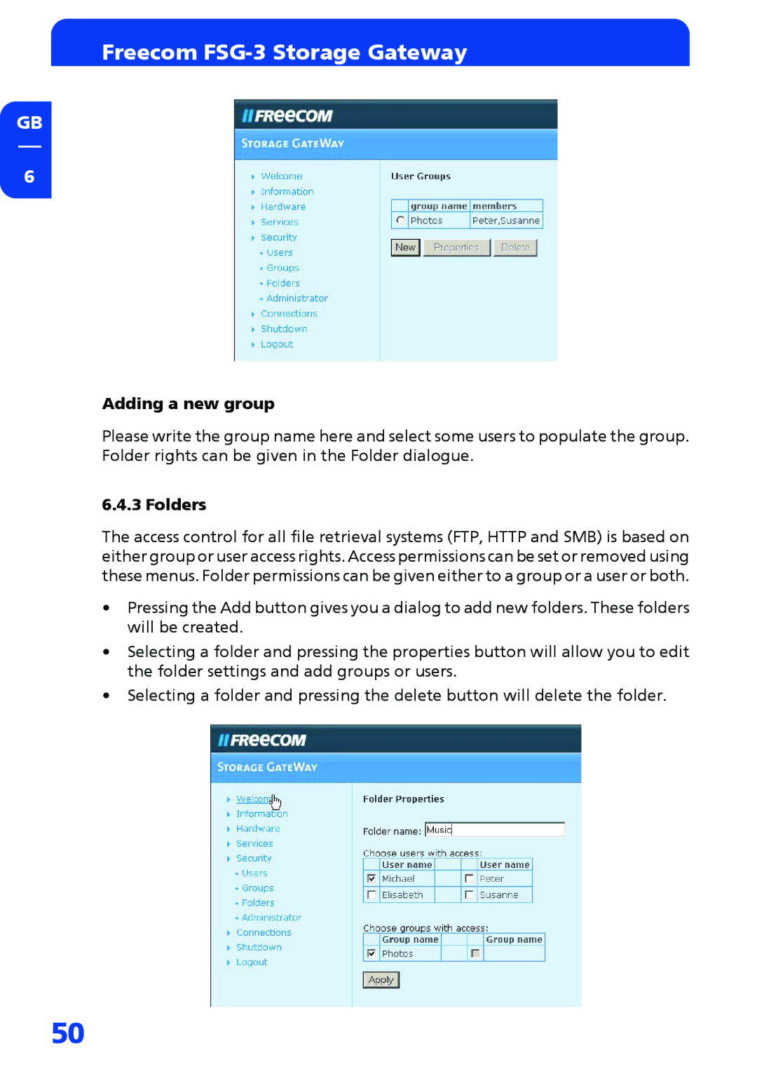 Freecom Technologies FSG-3 manual Adding a new group, Folders 