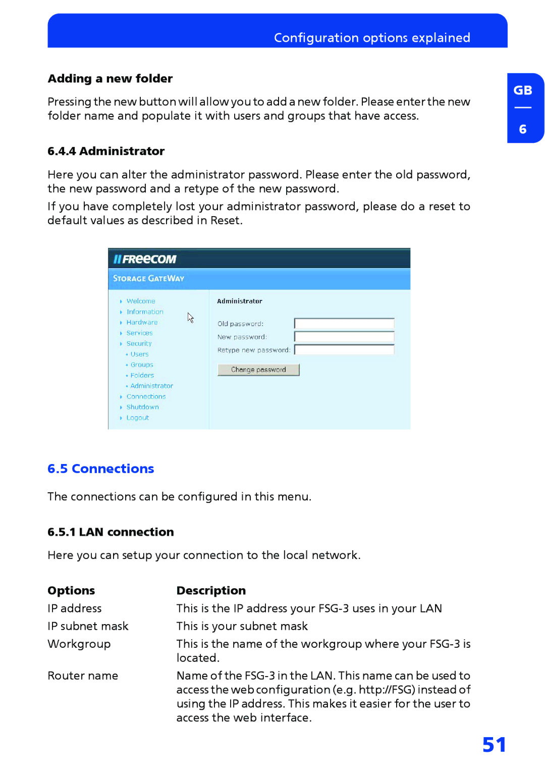 Freecom Technologies FSG-3 manual Connections, Adding a new folder, Administrator, LAN connection 