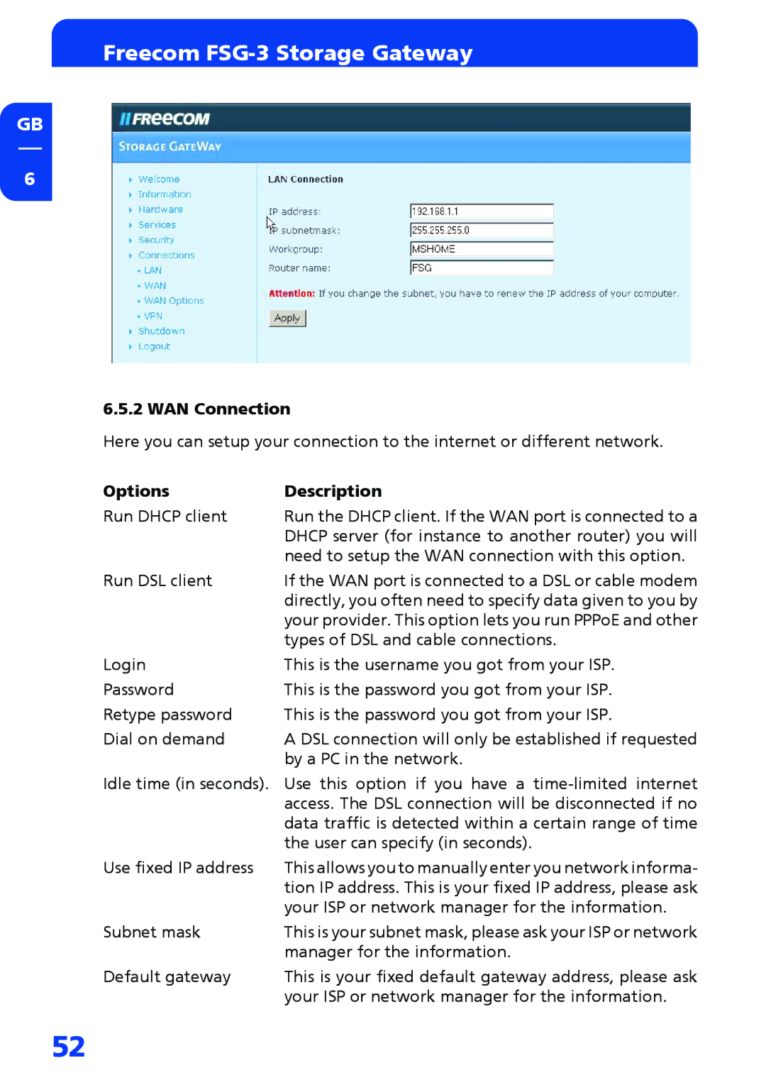 Freecom Technologies FSG-3 manual WAN Connection 