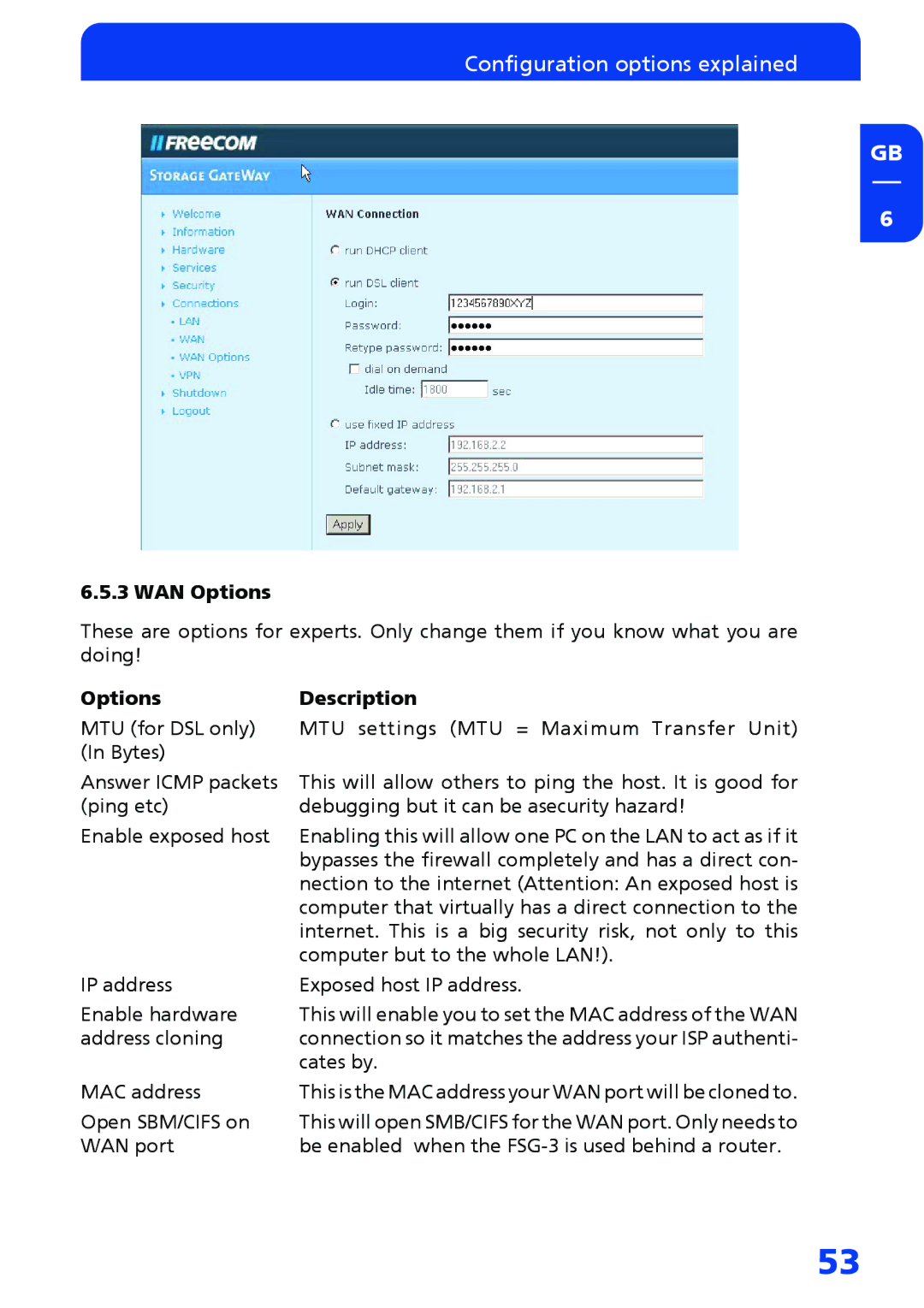 Freecom Technologies FSG-3 manual WAN Options 