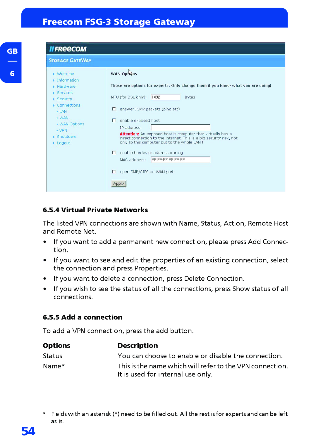 Freecom Technologies FSG-3 manual Virtual Private Networks, Add a connection 