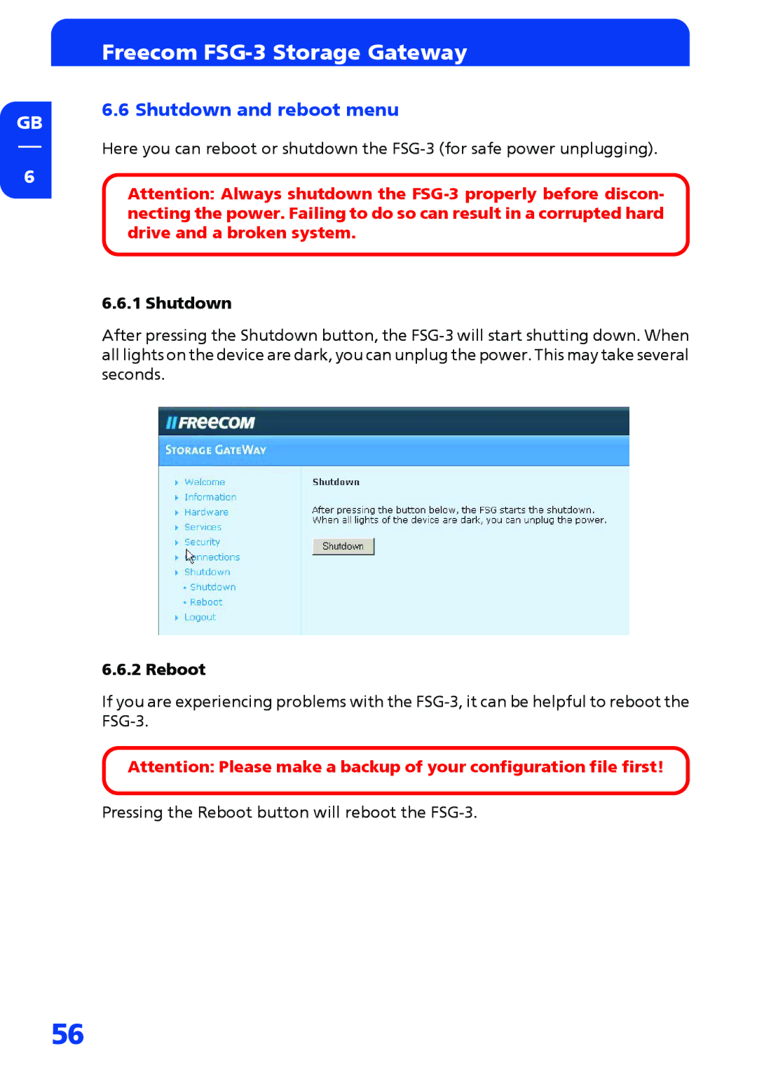 Freecom Technologies FSG-3 manual Shutdown and reboot menu, Reboot 