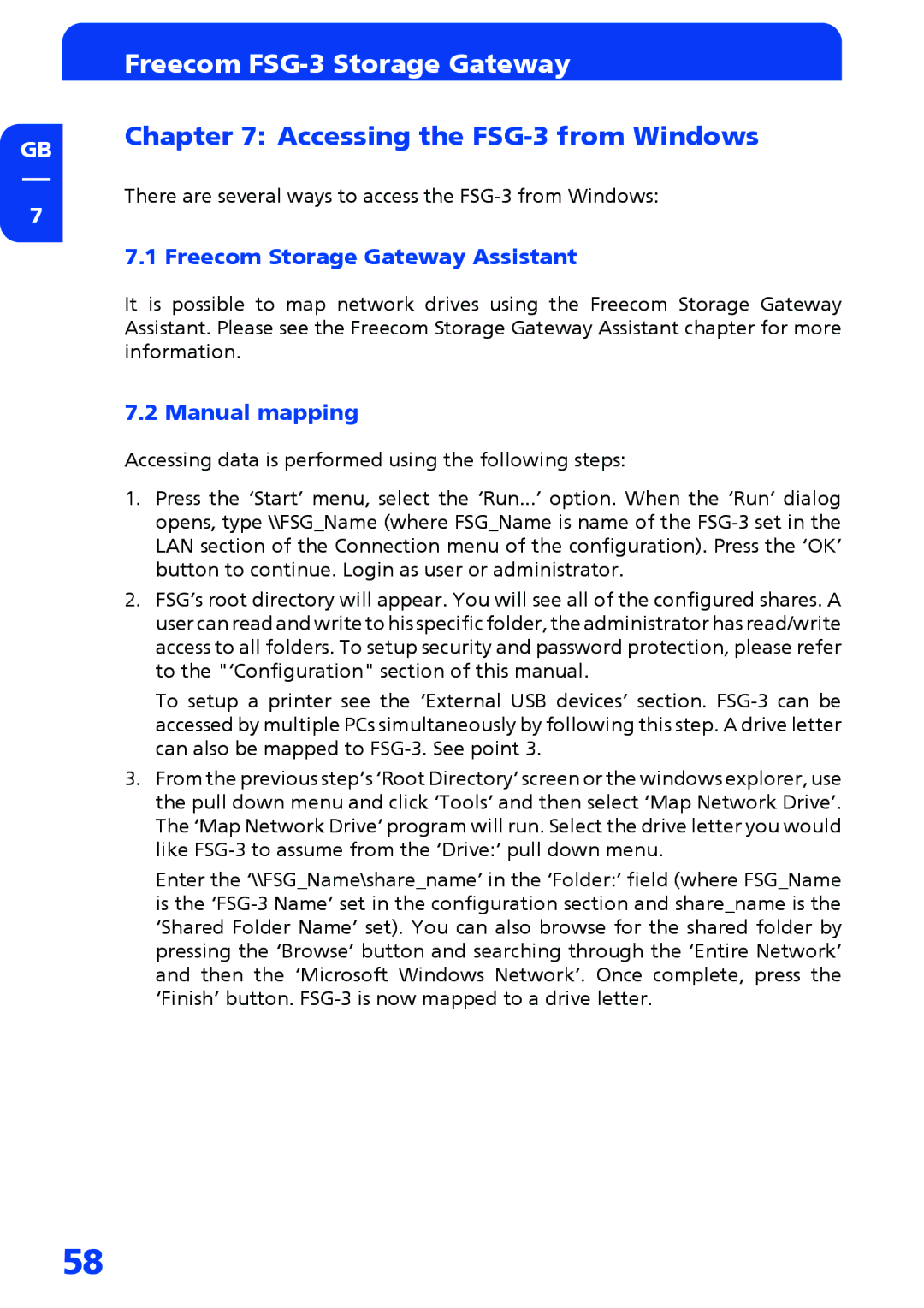 Freecom Technologies manual Accessing the FSG-3 from Windows, Freecom Storage Gateway Assistant, Manual mapping 