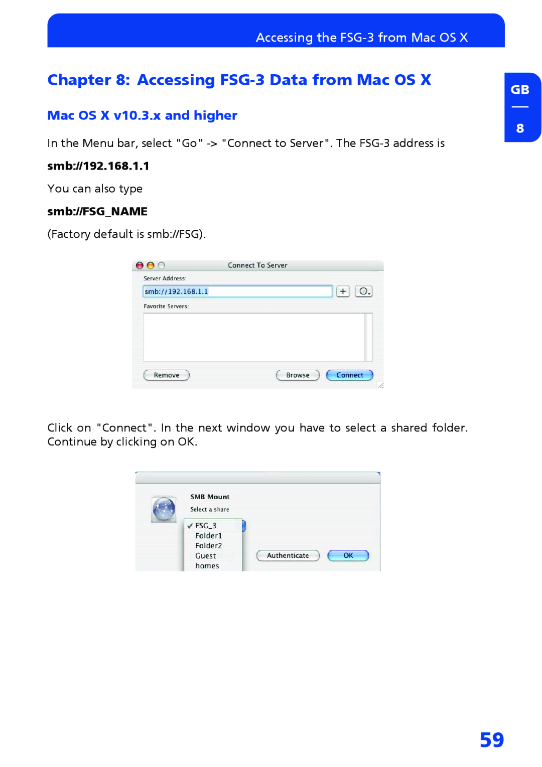 Freecom Technologies Accessing FSG-3 Data from Mac OS, Mac OS X v10.3.x and higher, Smb//192.168.1.1, Smb//FSGNAME 