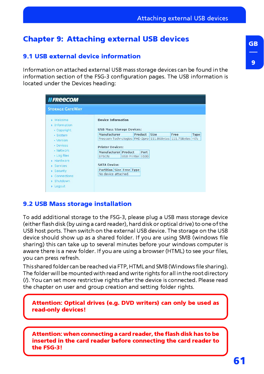 Freecom Technologies FSG-3 Attaching external USB devices, USB external device information, USB Mass storage installation 