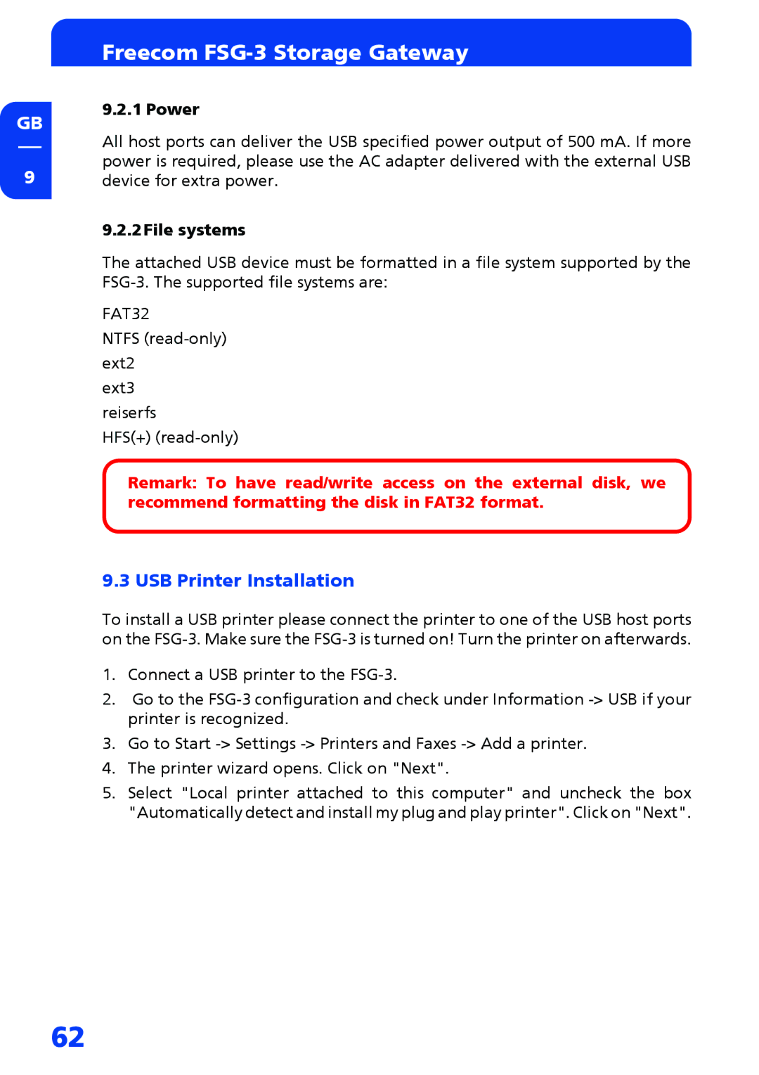 Freecom Technologies FSG-3 manual USB Printer Installation, Power, 2File systems 