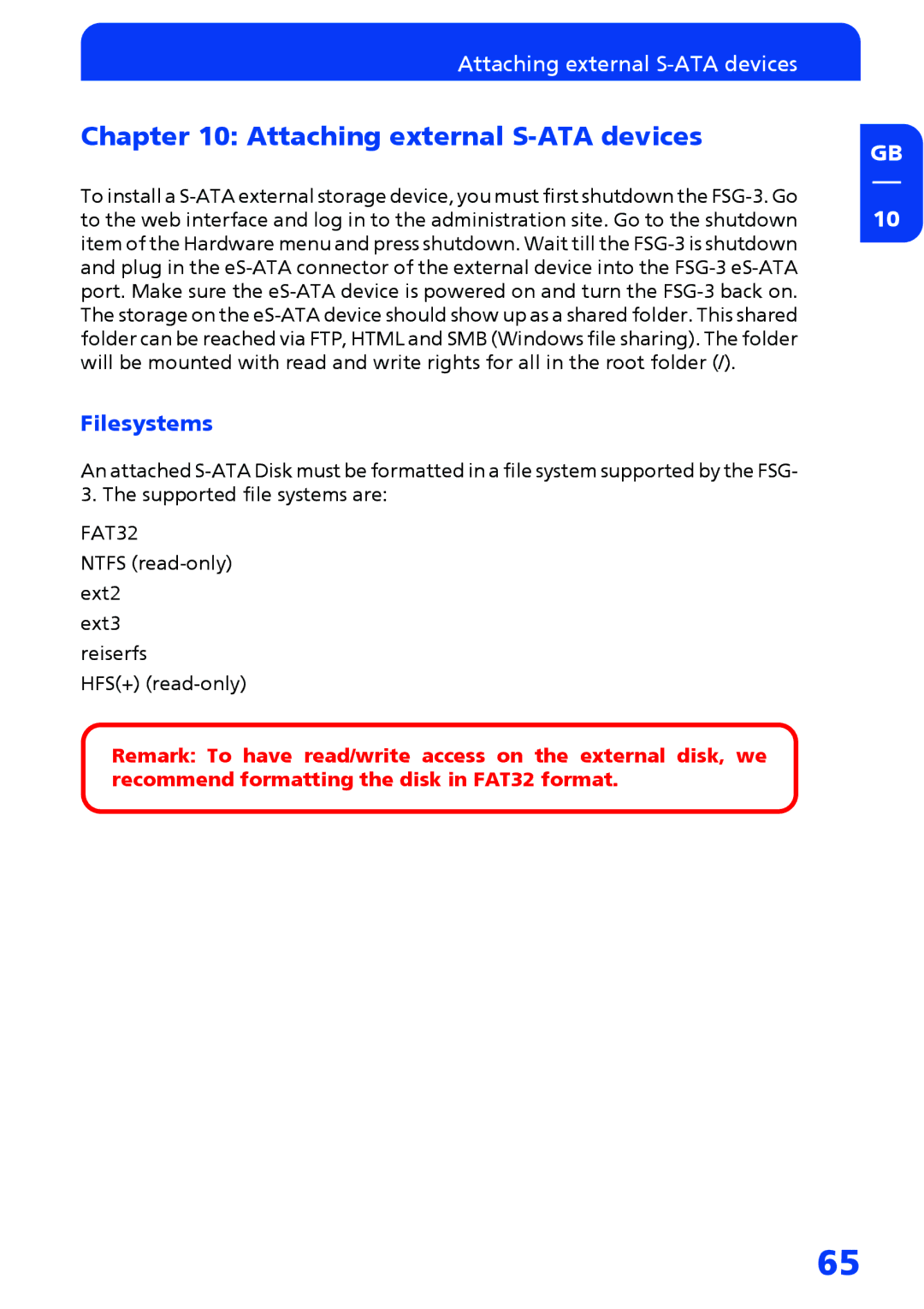 Freecom Technologies FSG-3 manual Attaching external S-ATA devices, Filesystems 