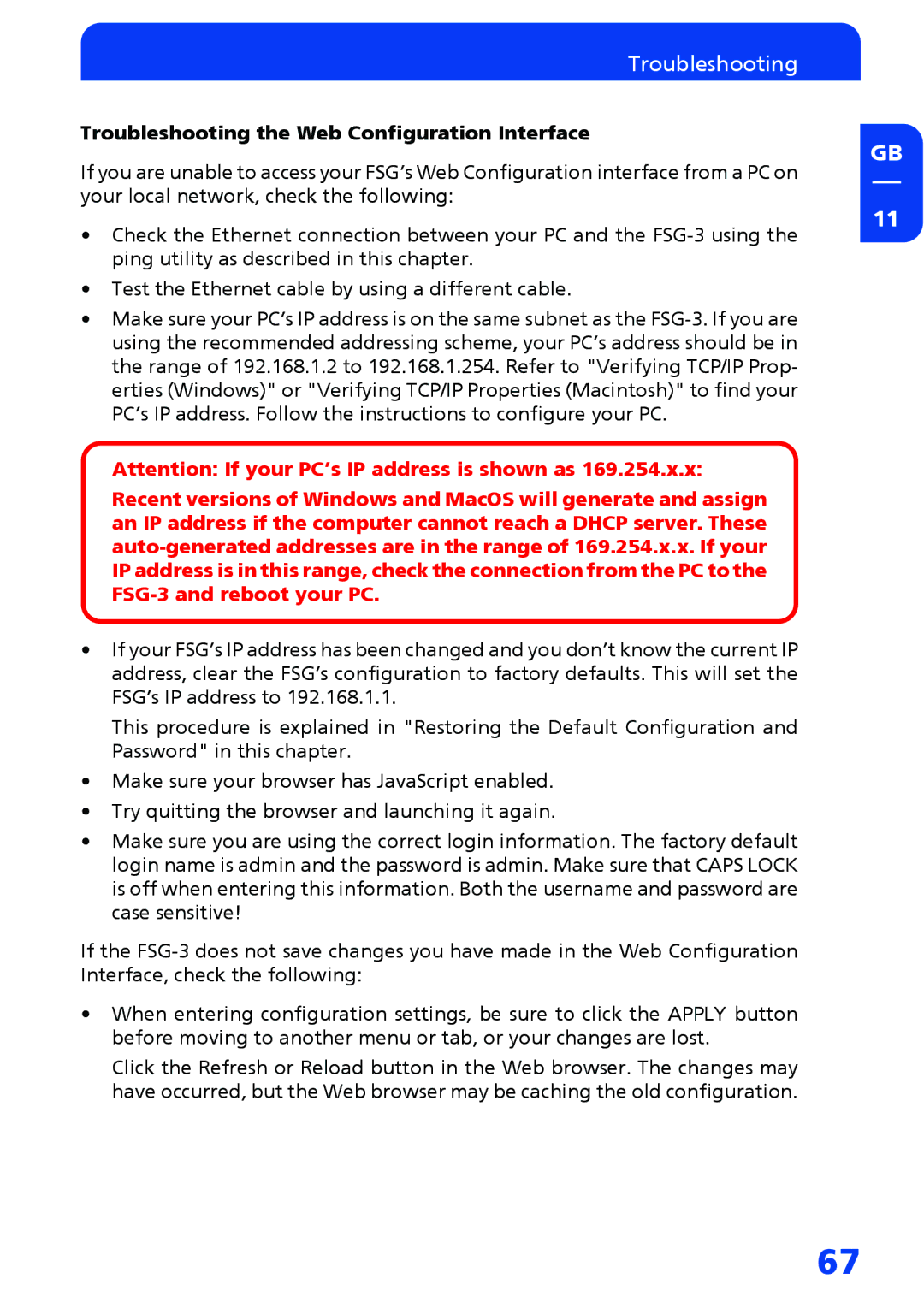 Freecom Technologies FSG-3 manual Troubleshooting the Web Configuration Interface 