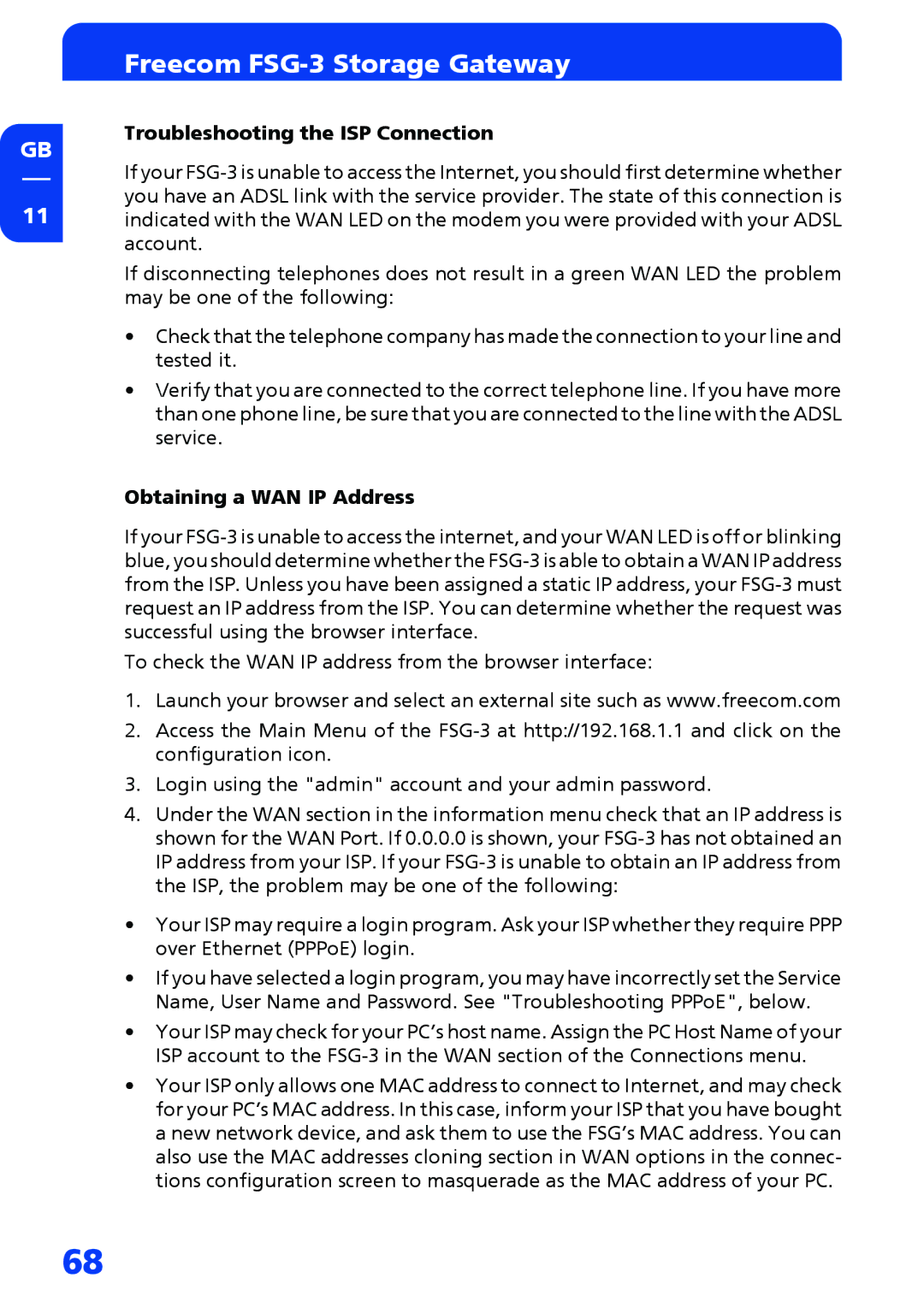 Freecom Technologies FSG-3 manual Troubleshooting the ISP Connection, Obtaining a WAN IP Address 