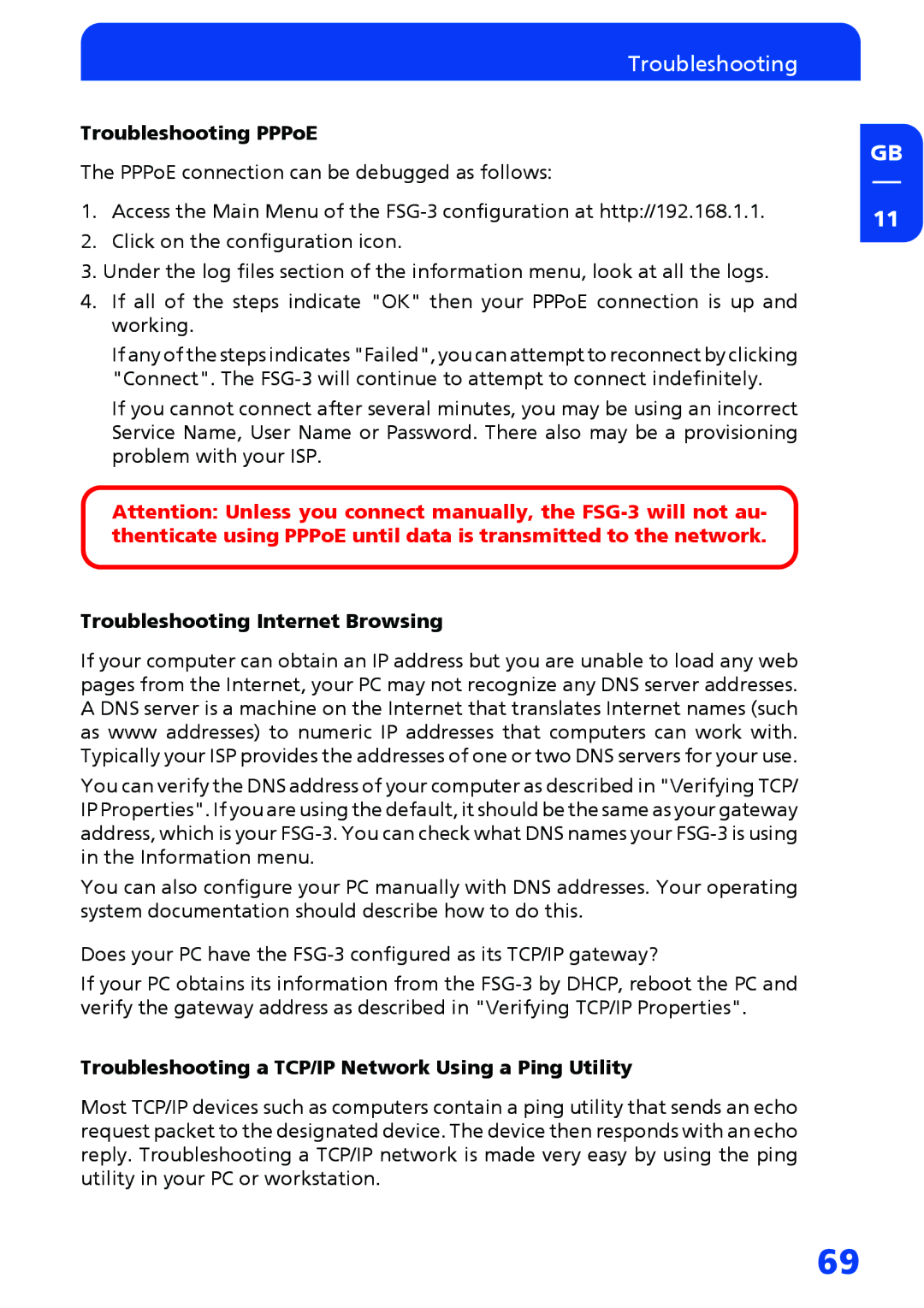 Freecom Technologies FSG-3 manual Troubleshooting PPPoE, Troubleshooting Internet Browsing 