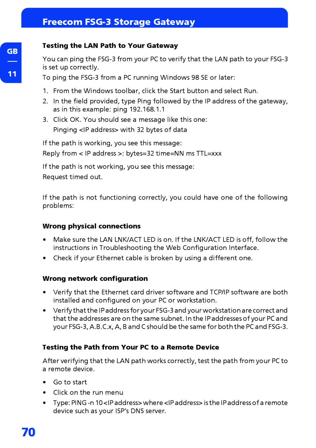 Freecom Technologies FSG-3 Testing the LAN Path to Your Gateway, Wrong physical connections, Wrong network configuration 