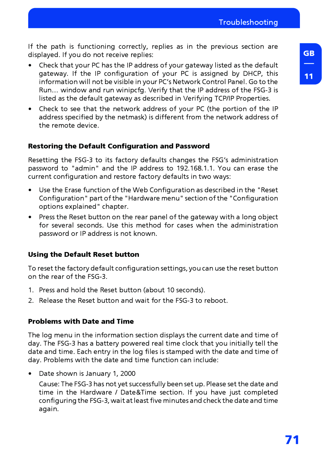 Freecom Technologies FSG-3 manual Restoring the Default Configuration and Password, Using the Default Reset button 