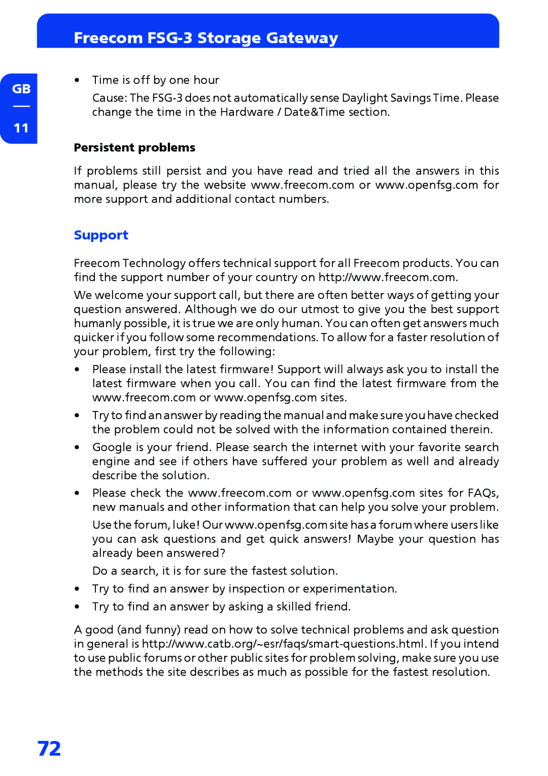 Freecom Technologies FSG-3 manual Support, Persistent problems 