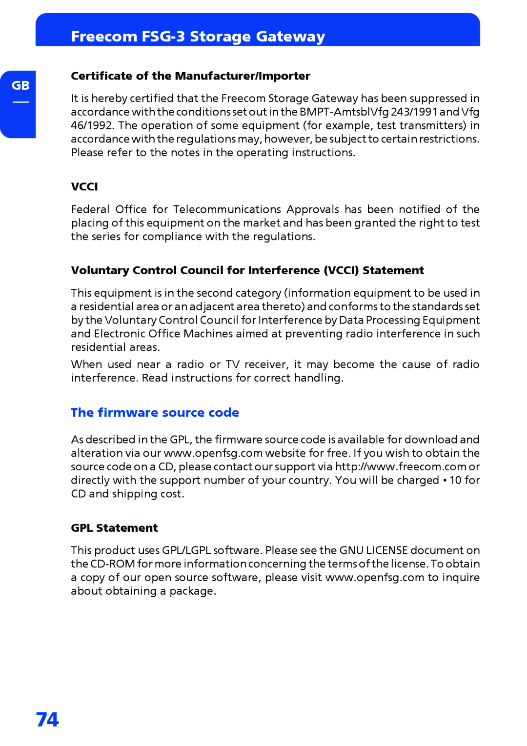 Freecom Technologies FSG-3 manual Firmware source code, Certificate of the Manufacturer/Importer, GPL Statement 