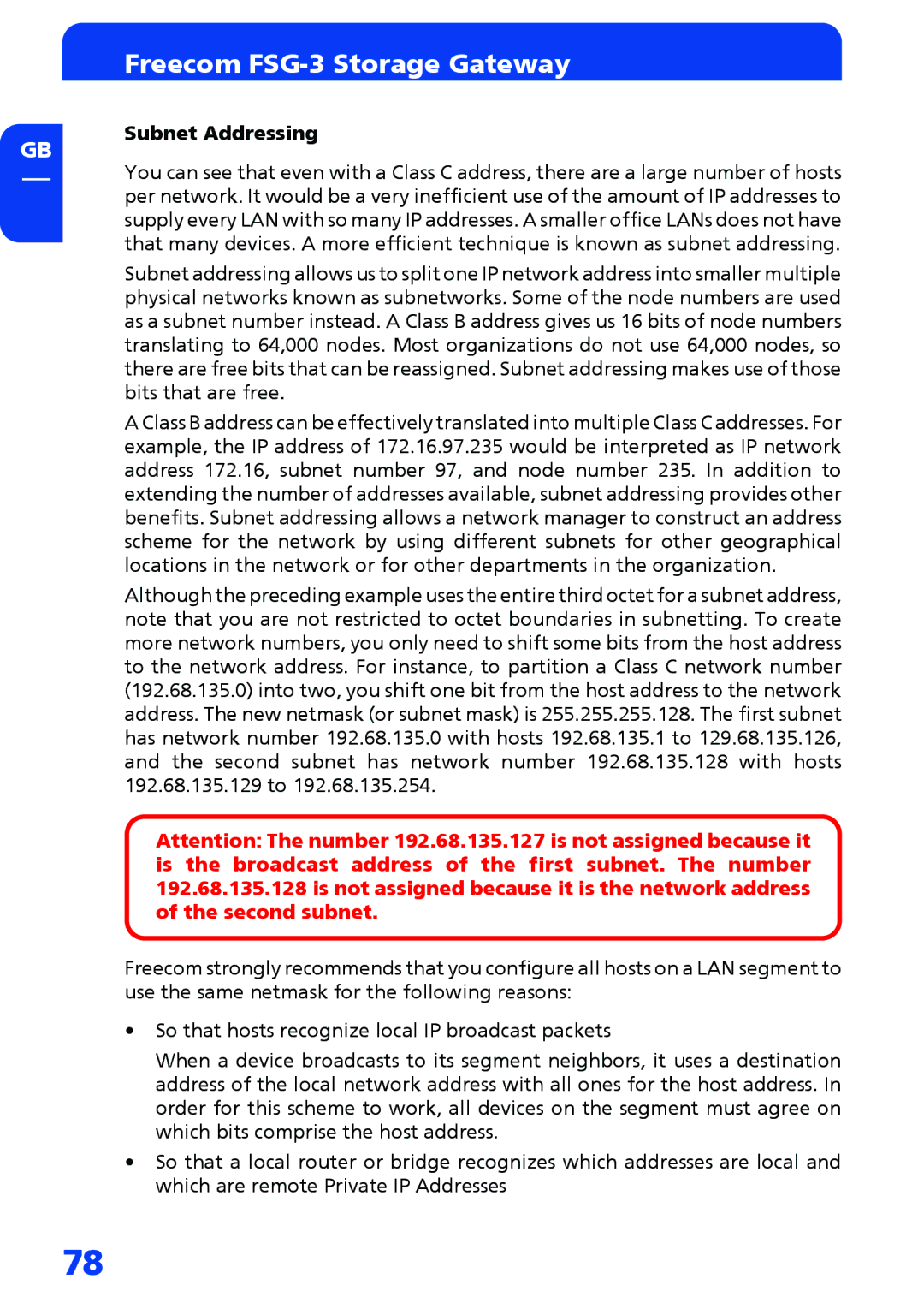 Freecom Technologies FSG-3 manual Subnet Addressing 