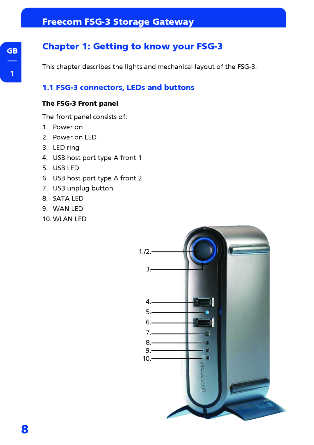 Freecom Technologies manual Getting to know your FSG-3, FSG-3 connectors, LEDs and buttons, FSG-3 Front panel 