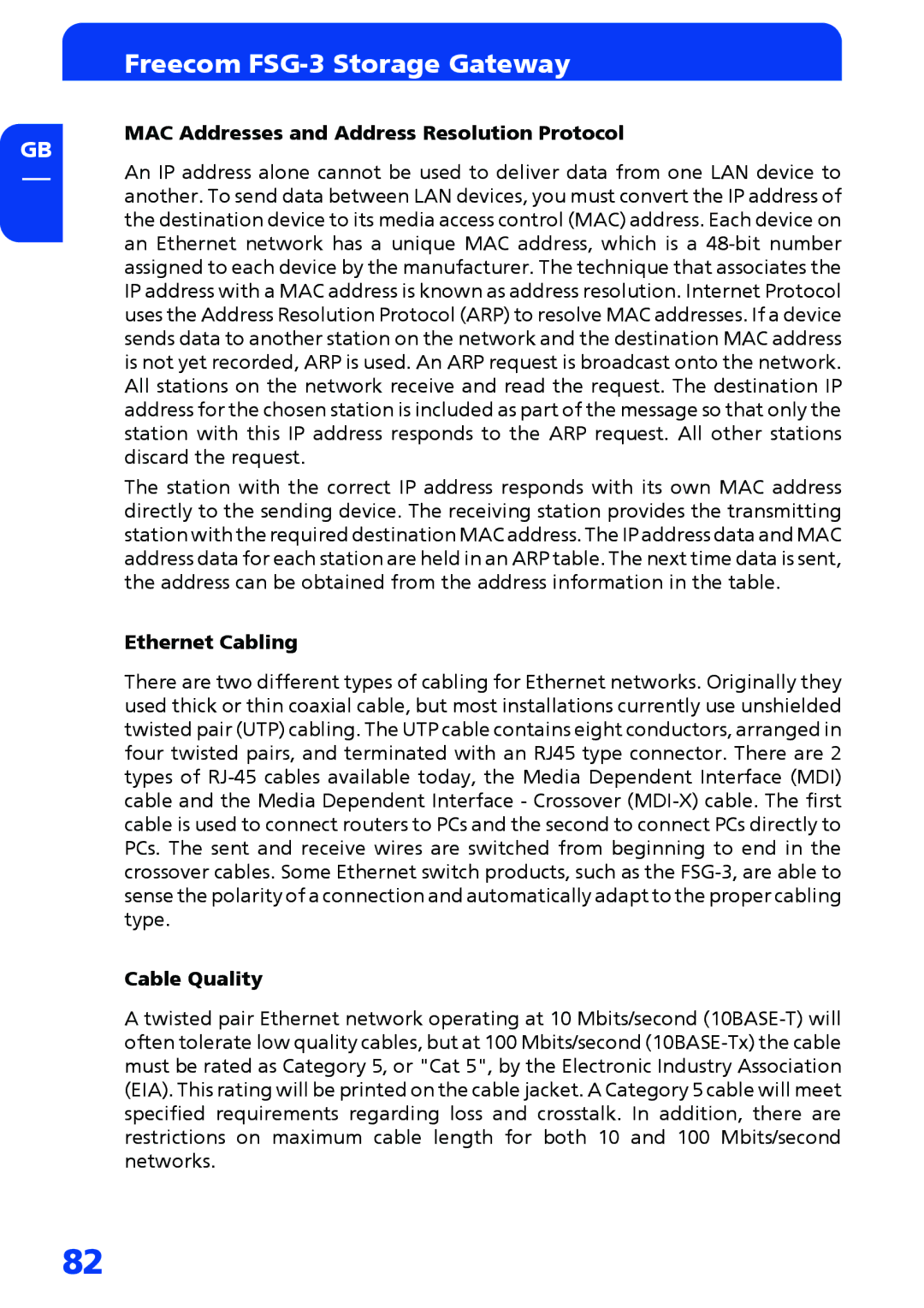 Freecom Technologies FSG-3 manual MAC Addresses and Address Resolution Protocol, Ethernet Cabling, Cable Quality 