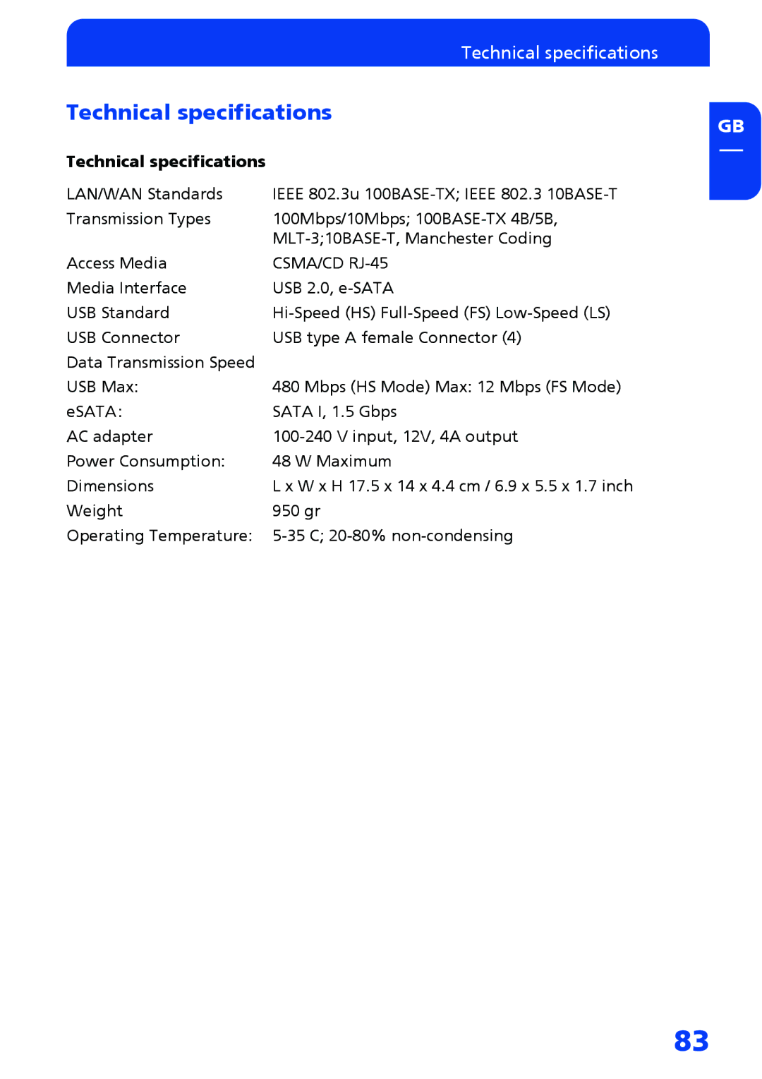 Freecom Technologies FSG-3 manual Technical specifications 