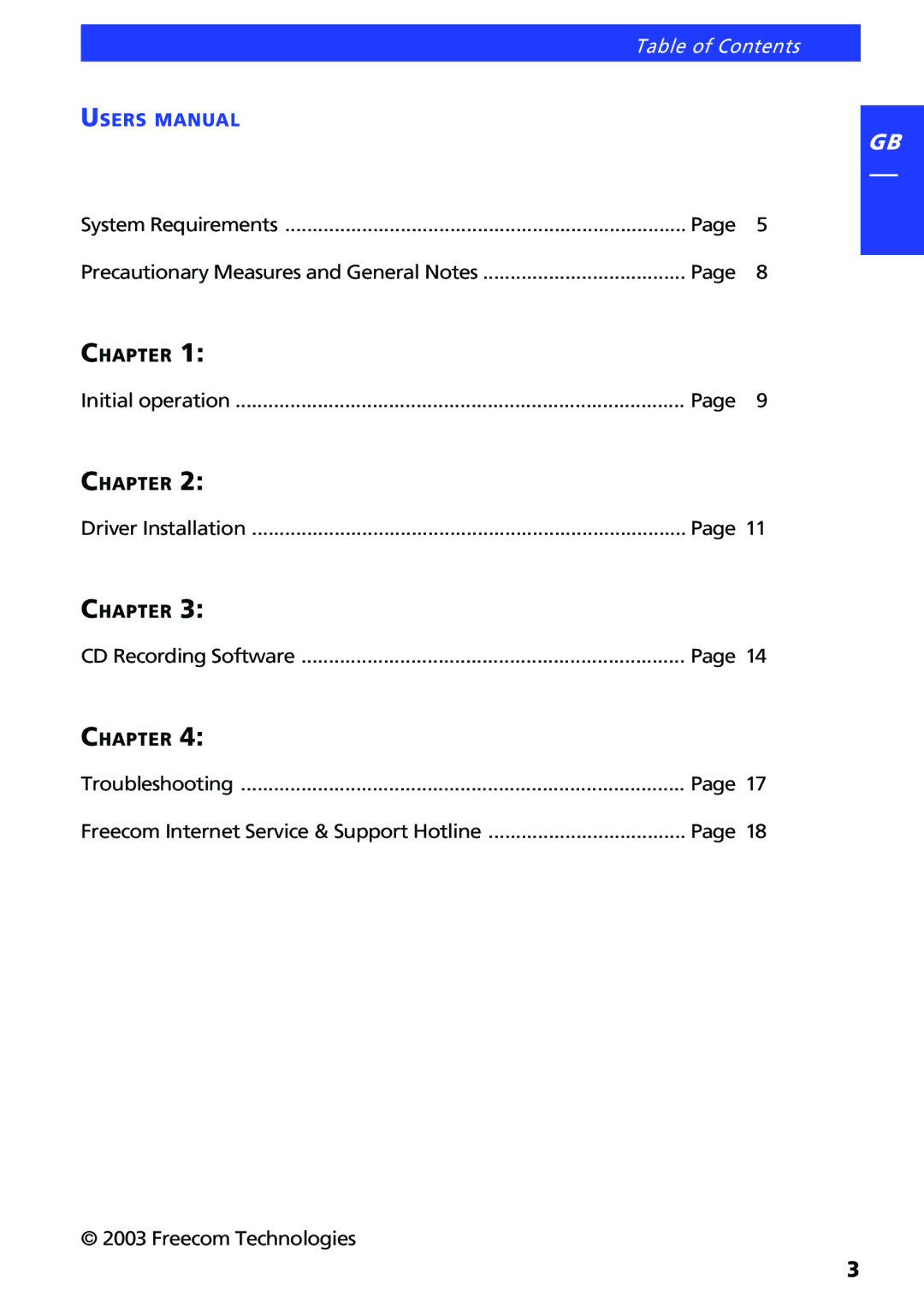 Freecom Technologies FX-5 user manual Table of Contents 