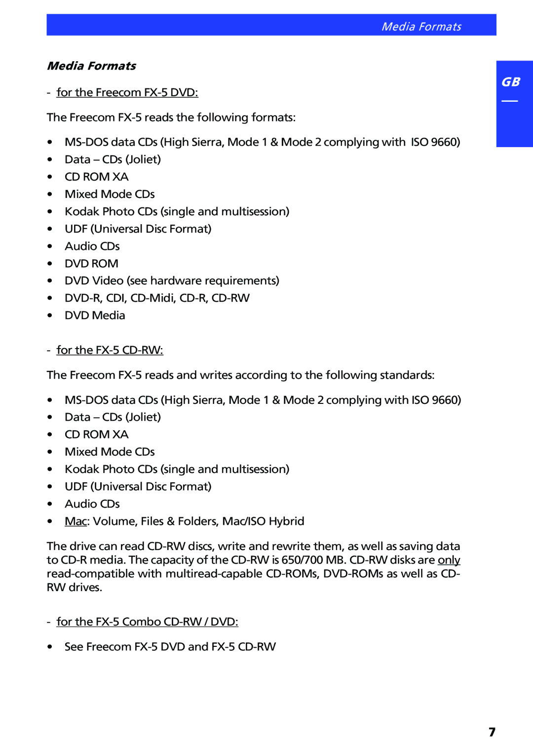 Freecom Technologies FX-5 user manual Media Formats, Cd Rom Xa 