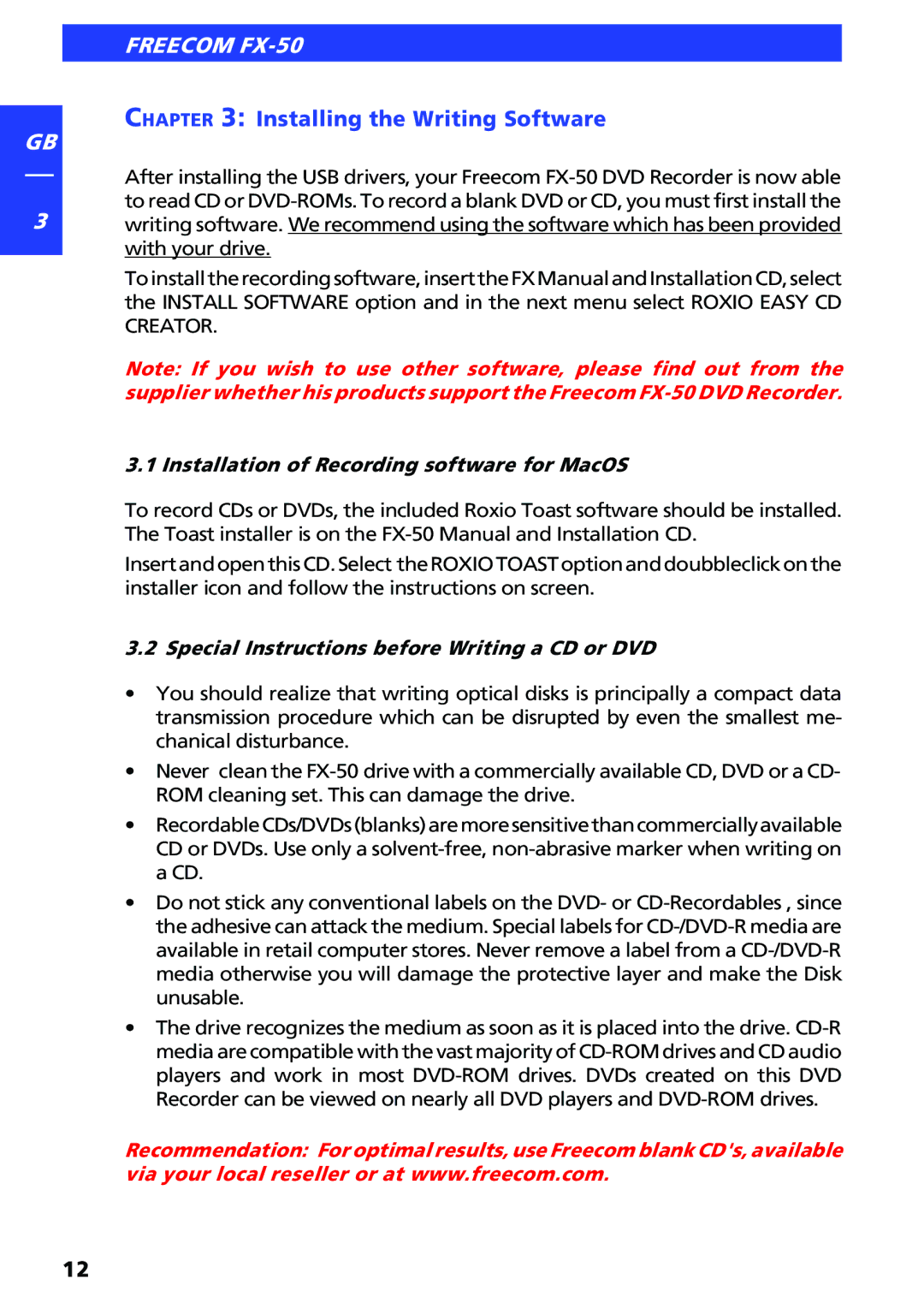 Freecom Technologies FX-50 manual Installing the Writing Software 