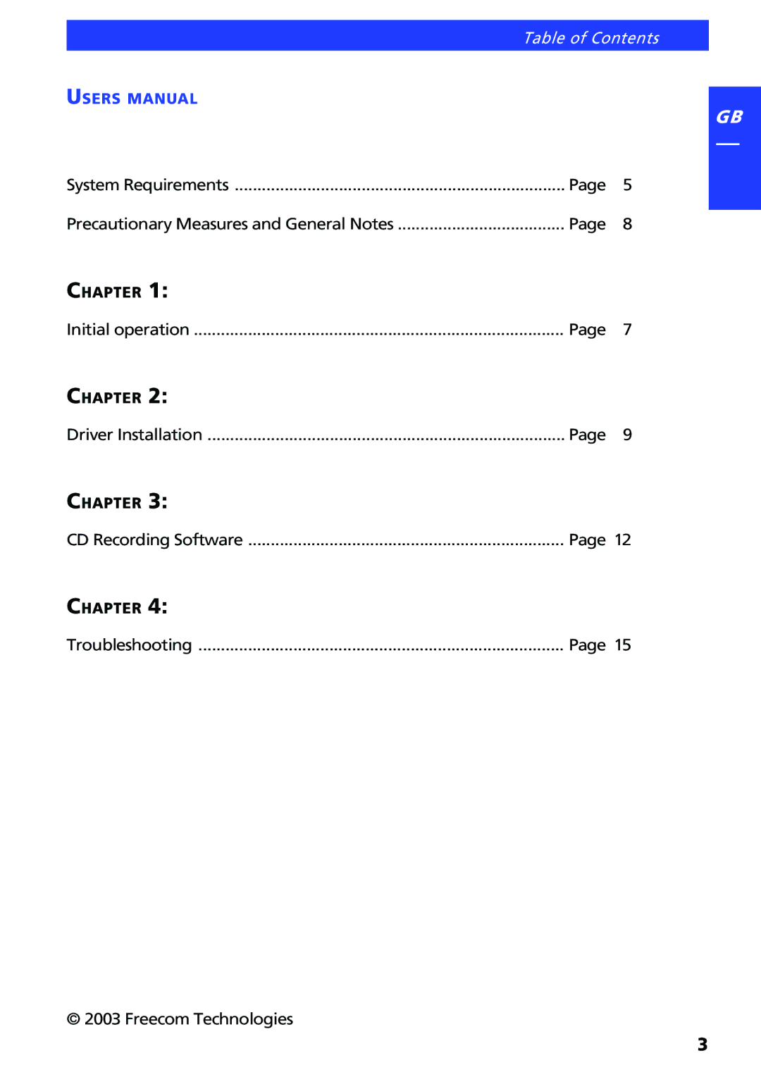 Freecom Technologies FX-50 manual Table of Contents 