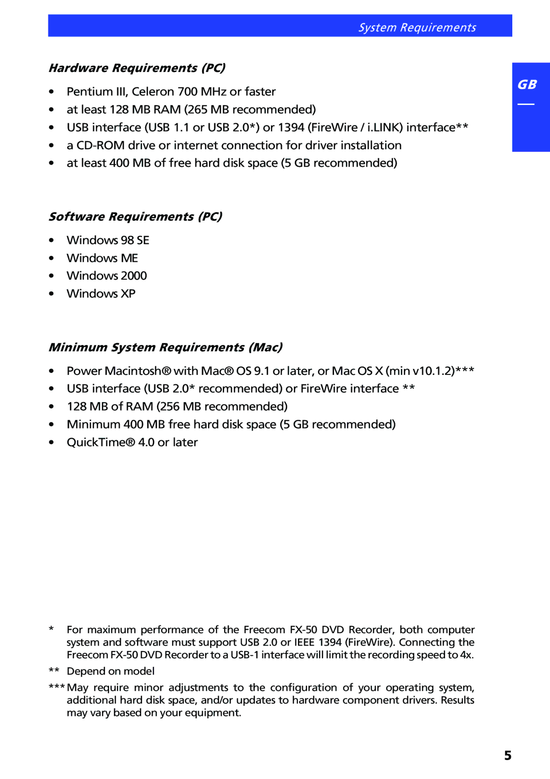 Freecom Technologies FX-50 manual System Requirements 