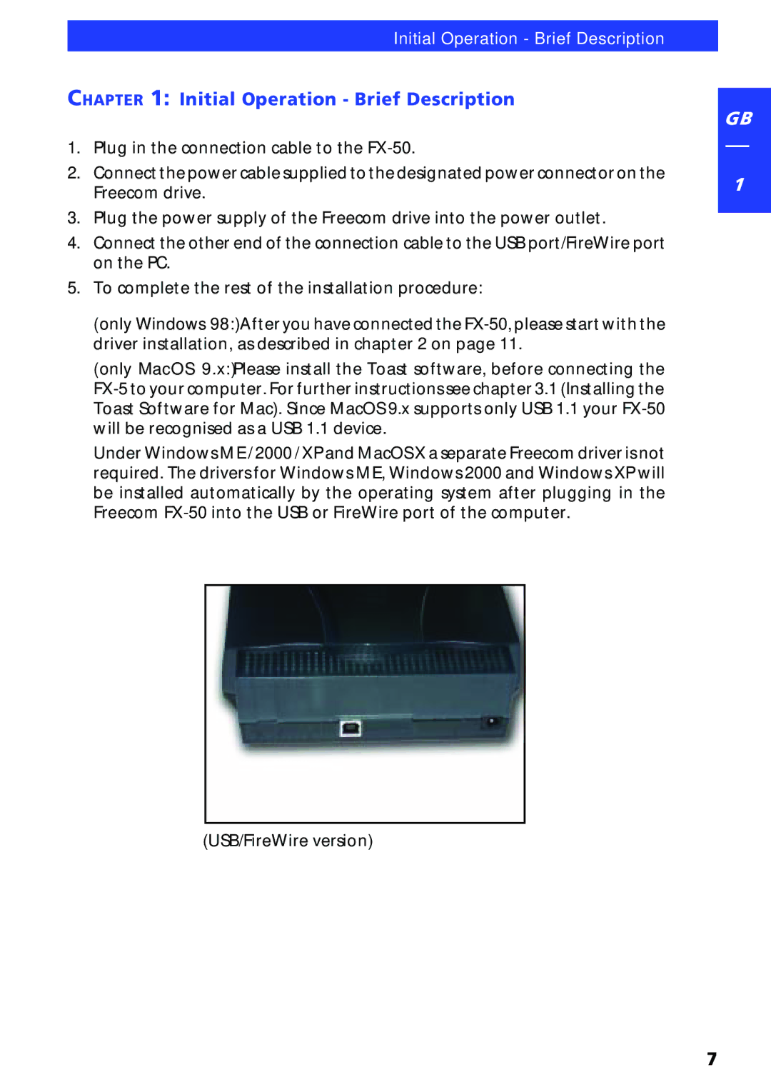 Freecom Technologies FX-50 manual Initial Operation Brief Description 