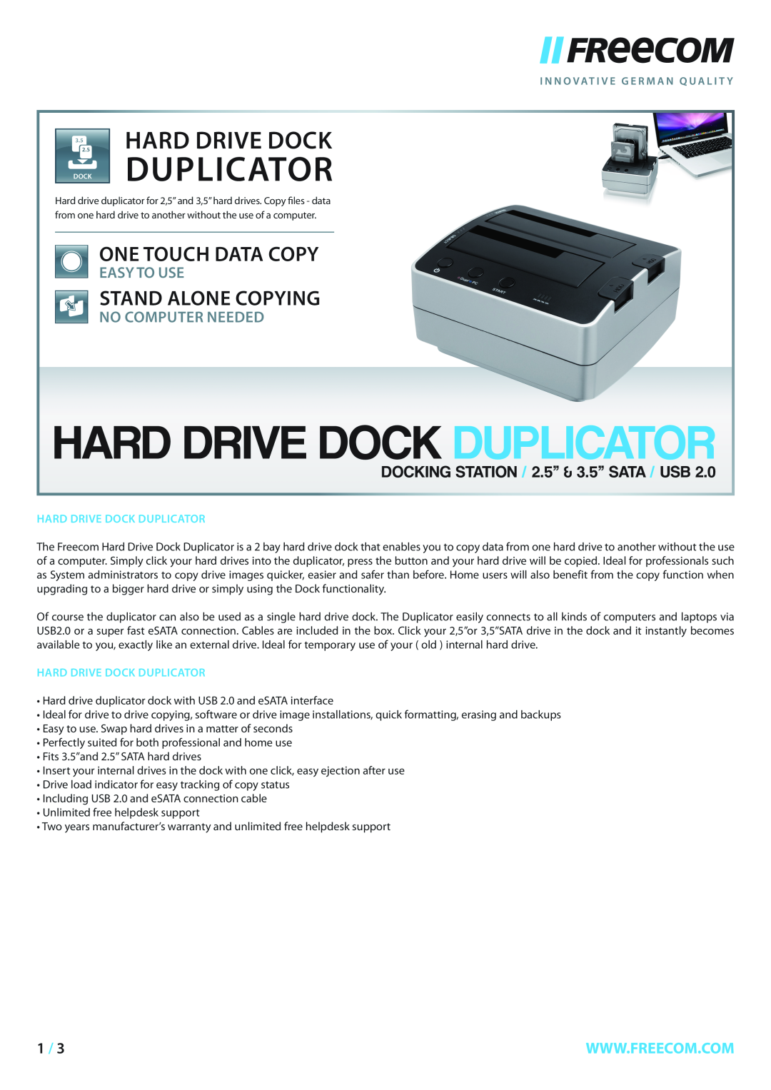 Freecom Technologies Hard Drive Dock Duplicator warranty One Touch Data Copy, Stand Alone Copying, Easy To Use 
