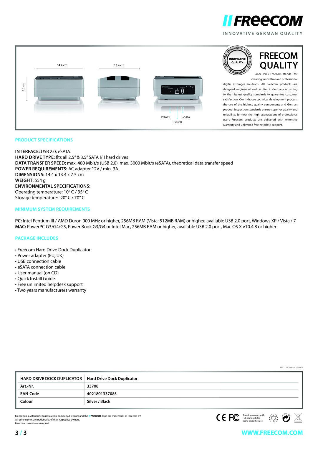 Freecom Technologies Hard Drive Dock Duplicator Product Specifications, Minimum System Requirements, Package Includes 