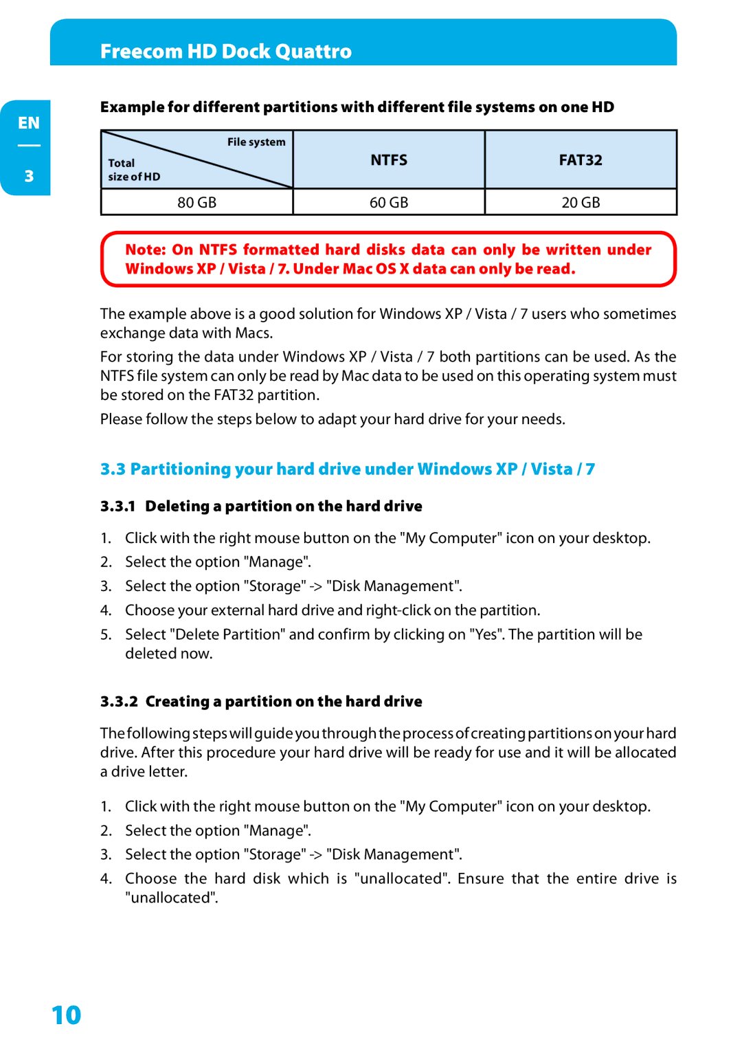 Freecom Technologies Hard Drive Dock Quattro user manual Partitioning your hard drive under Windows XP / Vista, 80 GB 60 GB 