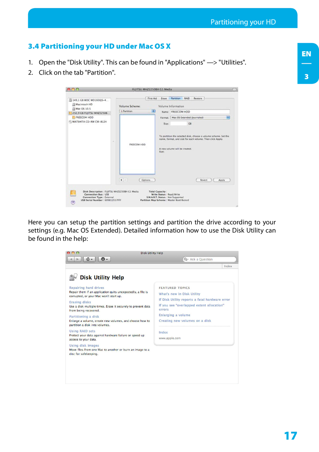 Freecom Technologies Hard Drive Dock Quattro user manual Partitioning your HD under Mac OS 