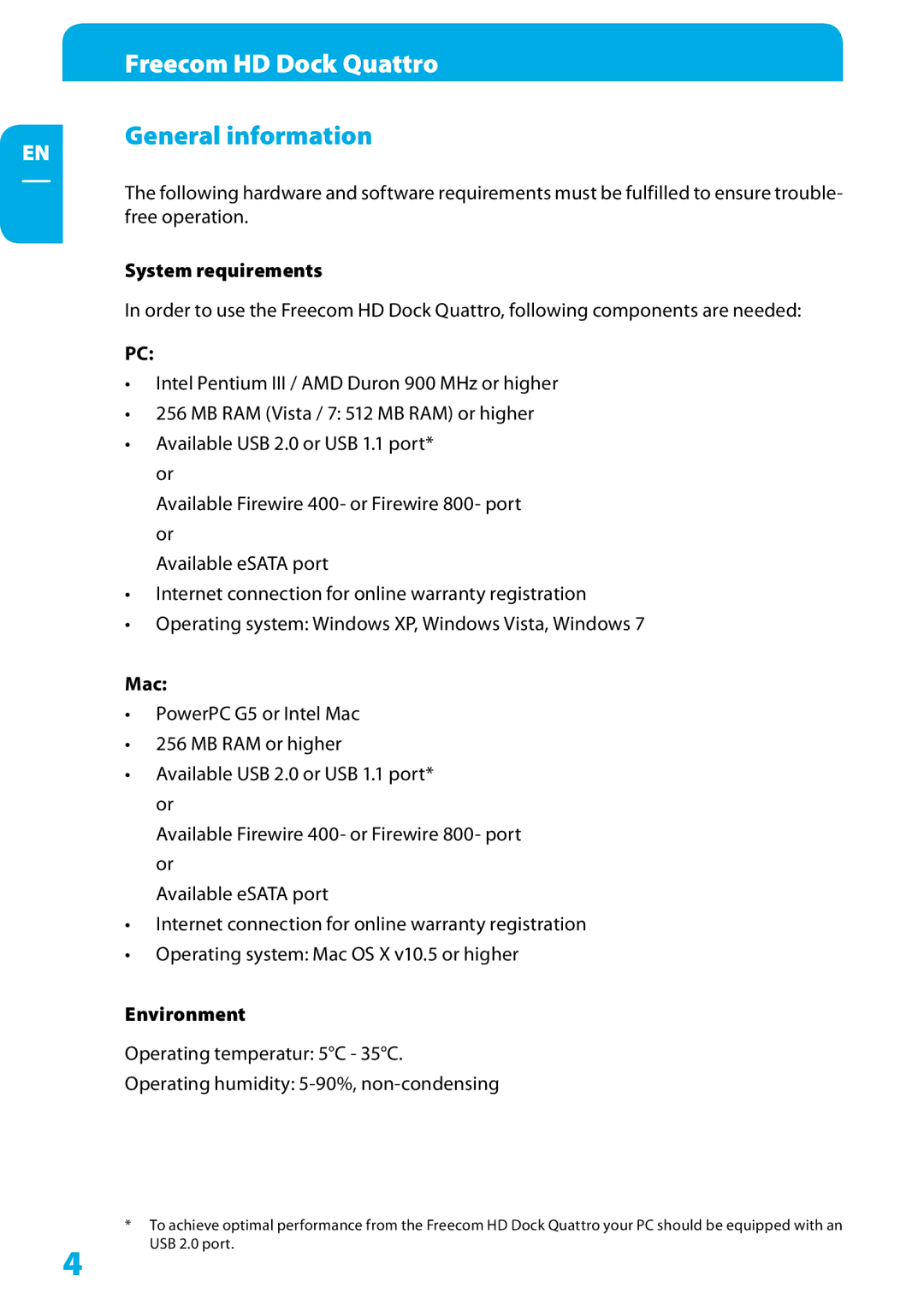 Freecom Technologies Hard Drive Dock Quattro user manual General information, System requirements, Mac, Environment 