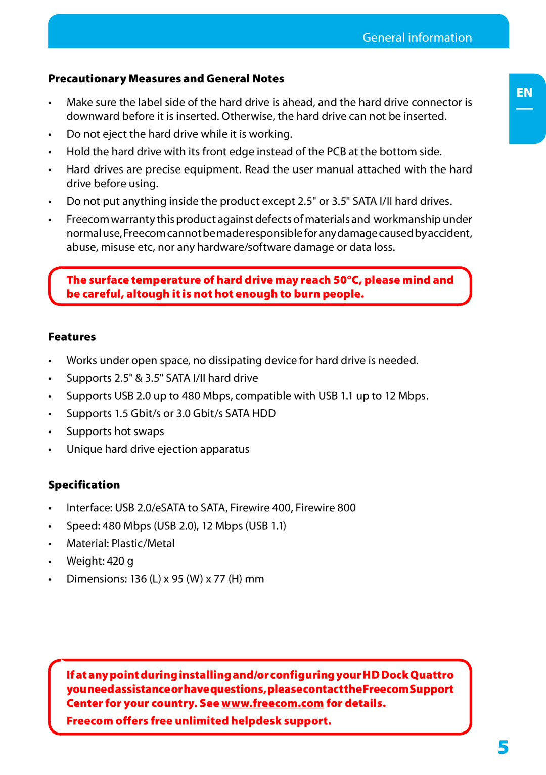 Freecom Technologies Hard Drive Dock Quattro user manual Precautionary Measures and General Notes, Features, Specification 