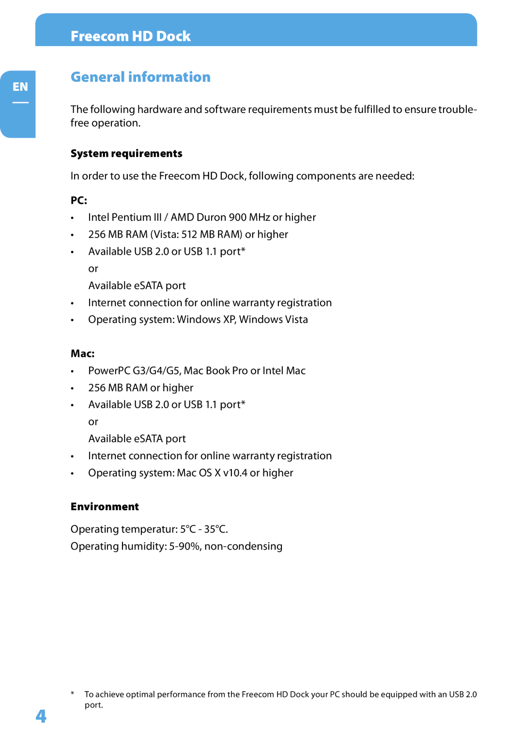 Freecom Technologies Hard Drive Dock user manual General information, System requirements, Mac, Environment 