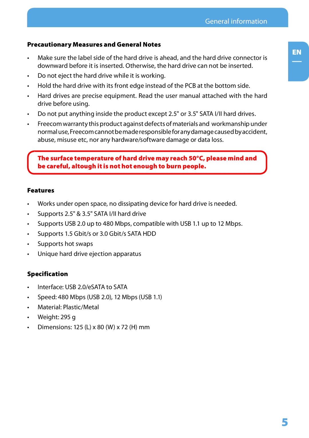 Freecom Technologies Hard Drive Dock user manual Precautionary Measures and General Notes, Features, Specification 