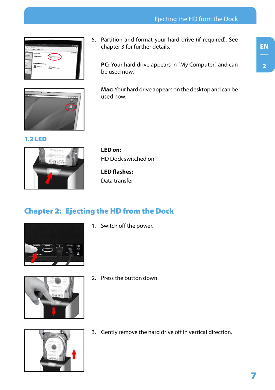 Freecom Technologies Hard Drive Dock user manual Chapter  Ejecting the HD from the Dock,  Led, LED on, LED flashes 