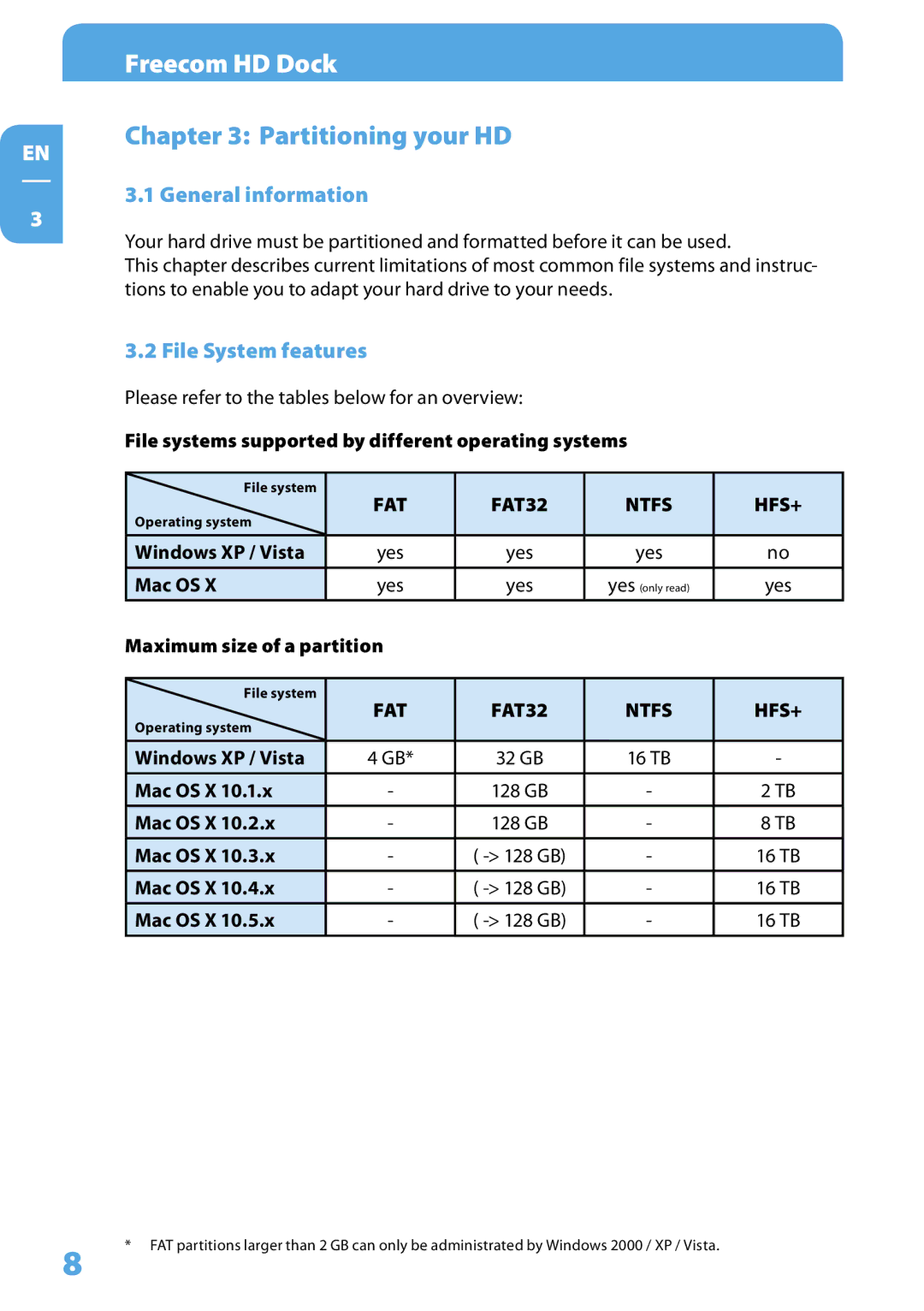 Freecom Technologies Hard Drive Dock user manual Partitioning your HD, General information, File System features 