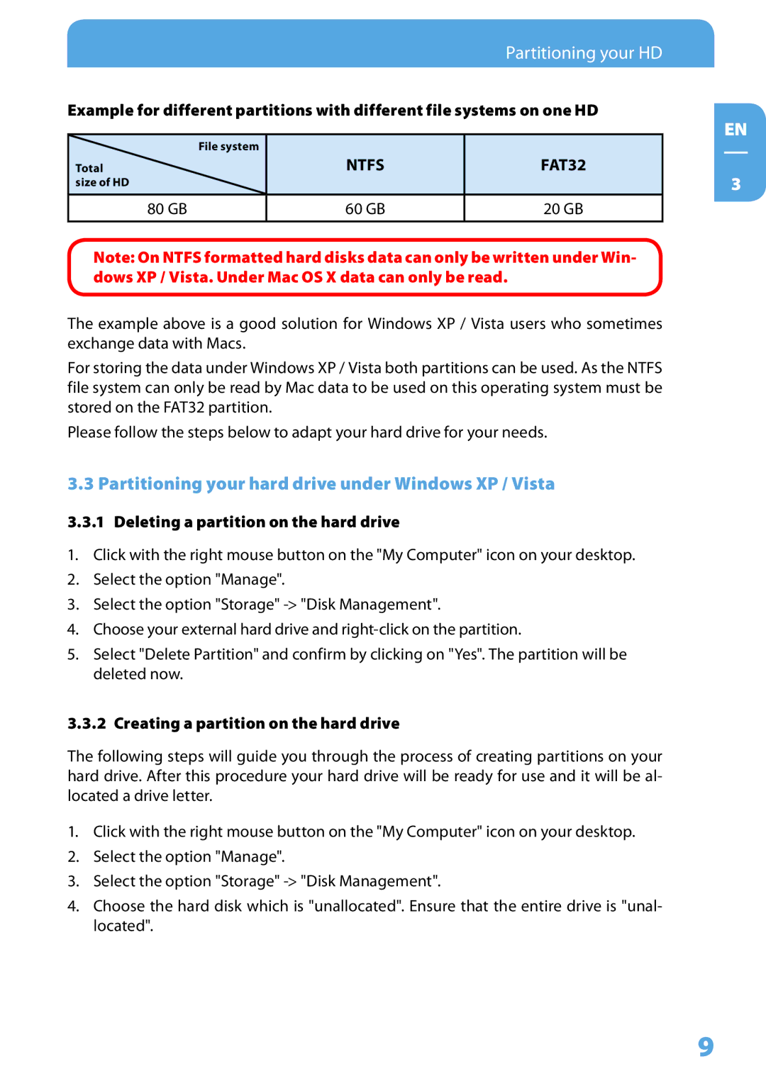 Freecom Technologies Hard Drive Dock user manual Partitioning your hard drive under Windows XP / Vista, 80 GB 60 GB 