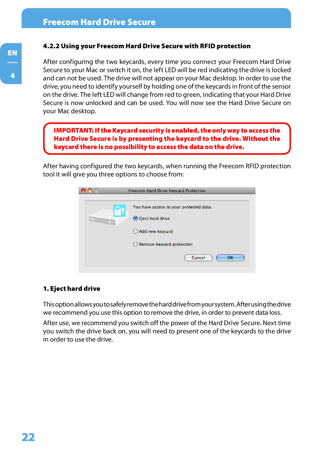 Freecom Technologies user manual Using your Freecom Hard Drive Secure with Rfid protection, Eject hard drive 