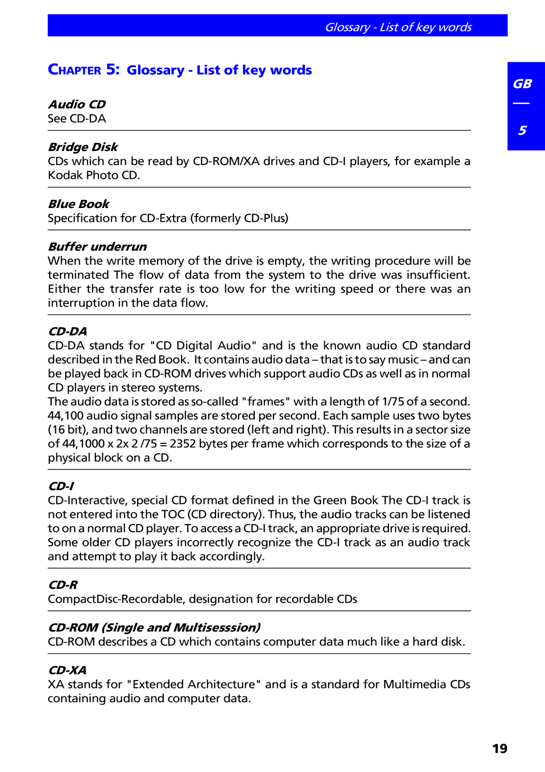 Freecom Technologies II manual Glossary List of key words, Cd-Da, Cd-I, Cd-R, Cd-Xa 