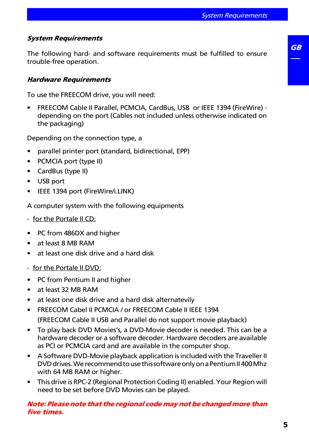 Freecom Technologies II manual System Requirements 