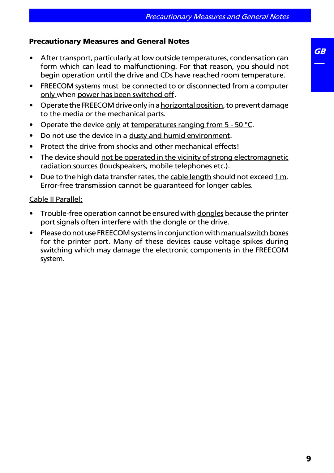 Freecom Technologies II manual Precautionary Measures and General Notes 