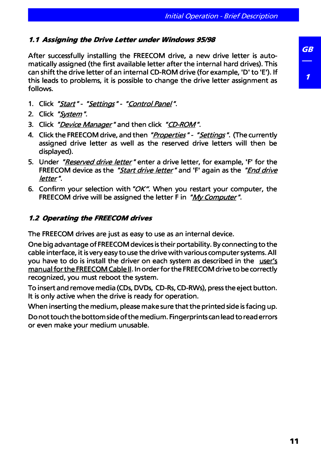 Freecom Technologies II manual Initial Operation - Brief Description, Gb 