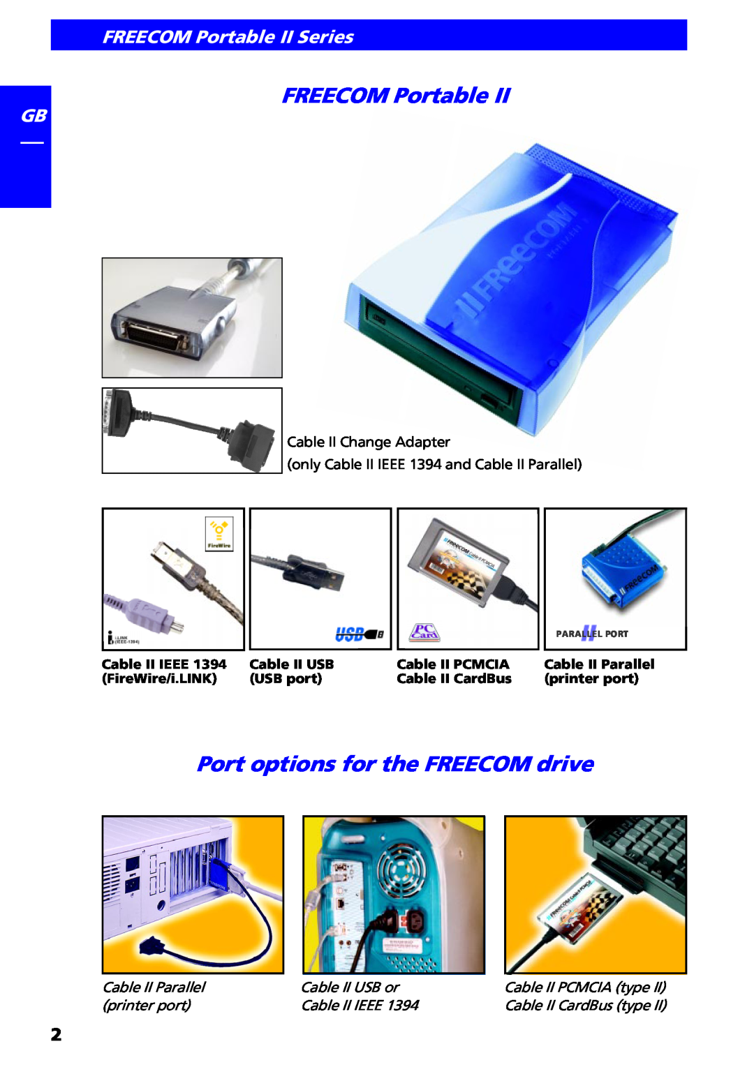 Freecom Technologies manual Port options for the FREECOM drive, FREECOM Portable II Series, Cable II Change Adapter 