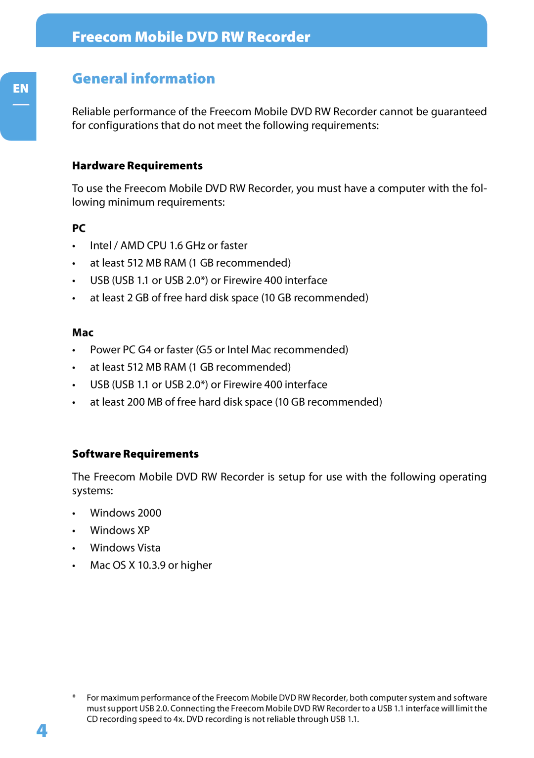 Freecom Technologies LS PRO user manual General information, Hardware Requirements, Mac, Software Requirements 