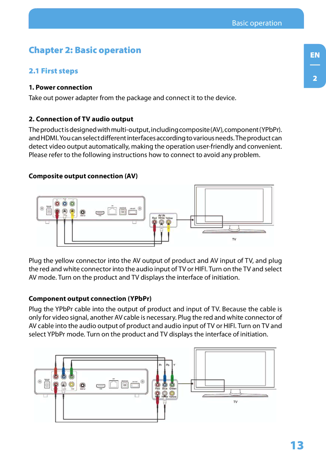 Freecom Technologies Media Player II user manual First steps, Power connection, Connection of TV audio output 