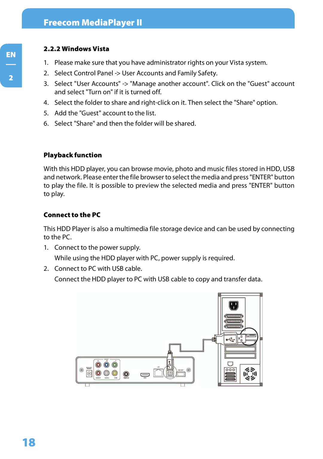 Freecom Technologies Media Player II user manual Windows Vista, Playback function, Connect to the PC 