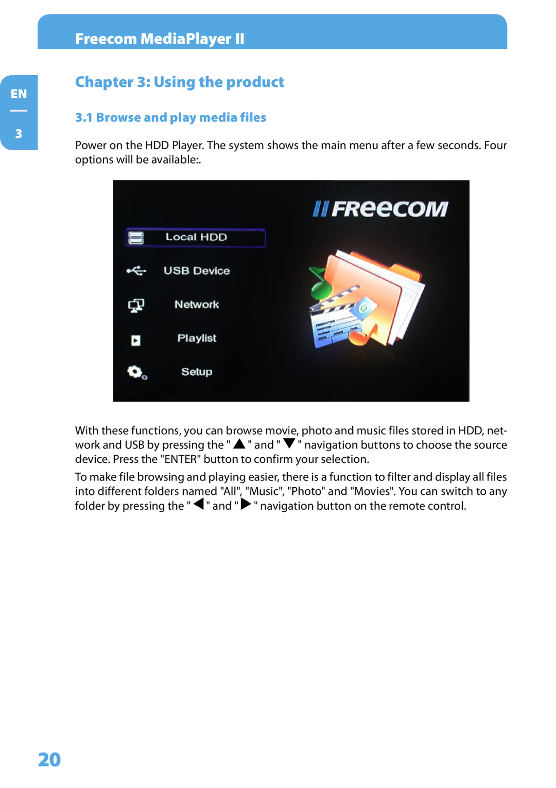 Freecom Technologies Media Player II user manual Using the product, Browse and play media files 